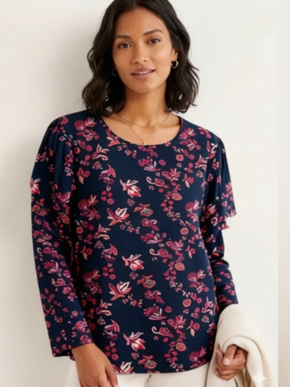 Croft & Barrow Womens Knit The Classic Tee Long Sleeves Black Floral Size L